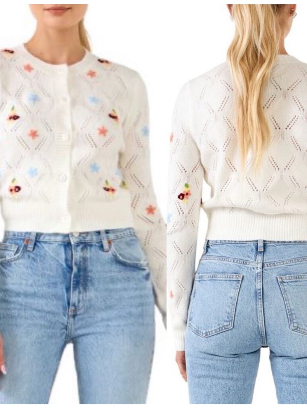 White Floral Pointelle Knit Cardigan Sweater